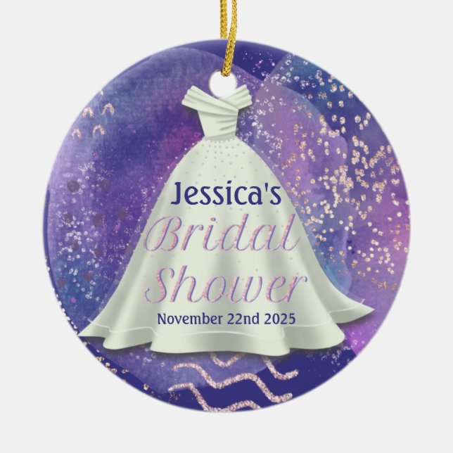 Bridal Shower Wedding Gown Purple & Rose Gold Glam Ceramic Ornament (Front)