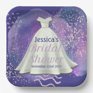 Bridal Shower Wedding Gown Purple & Rose Gold Glam Paper Plate