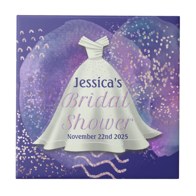 Bridal Shower Wedding Gown Purple & Rose Gold Glam Tile (Front)