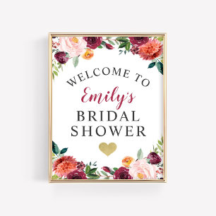 Bridal Shower Welcome Rustic Burgundy Fall Floral Poster