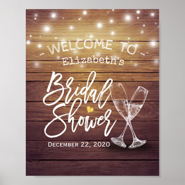 Bridal Shower Welcome Rustic Wood Champagne Glass Poster (Front)