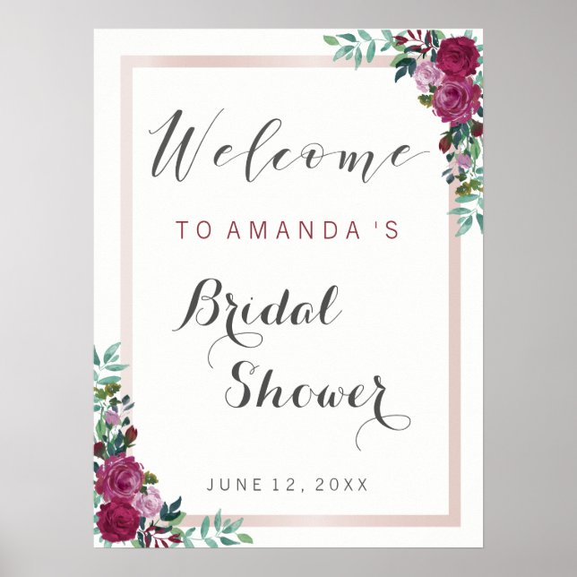Bridal Shower welcome sign | burgundy floral (Front)
