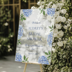 Bridal Shower Welcome Sign, Classic Blue Hydrangea Acrylic Sign
