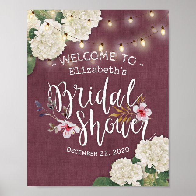 Bridal Shower Welcome Sign Hydrangea String Lights (Front)