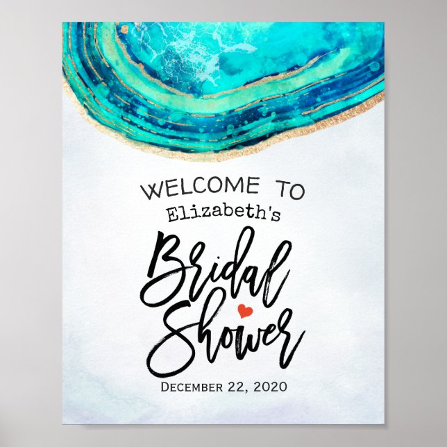 Bridal Shower Welcome Watercolor Teal & Gold Agate Poster (Front)