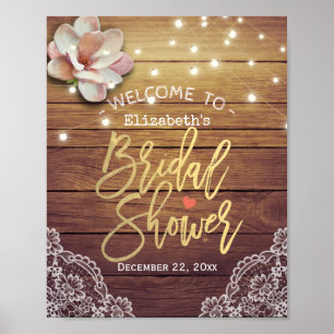 Bridal Shower Welcome Wood Floral String Lights Poster