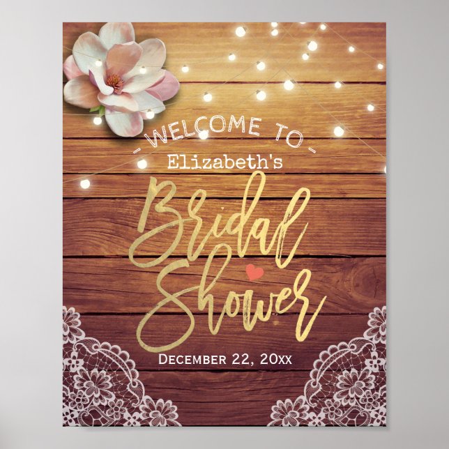 Bridal Shower Welcome Wood Floral String Lights Poster (Front)