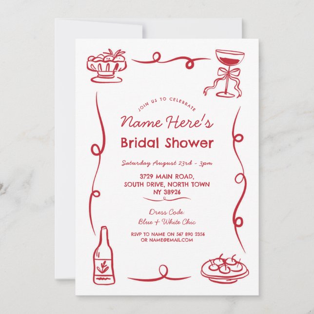 Bridal Shower Whimsical Hand Drawn Red Illustrated Invitation (Front)