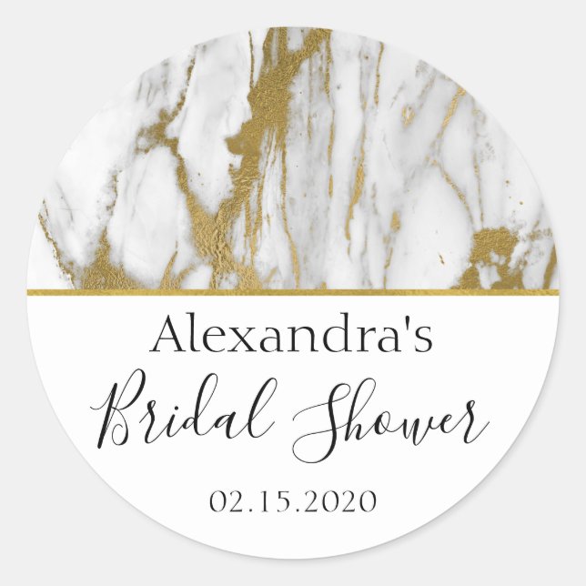 Bridal Shower White and Gold Elegant Marble Classic Round Sticker (Front)