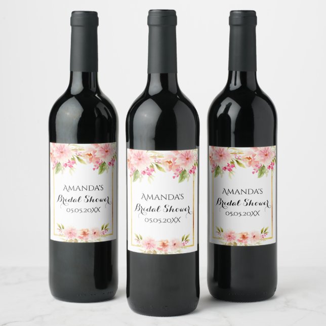 Bridal shower white blush pink florals wine label (Bottles)