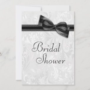 Bridal Shower White Damask and Faux Black Bow Invitation