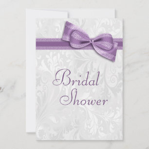Bridal Shower White Damask and Faux Purple Bow Invitation