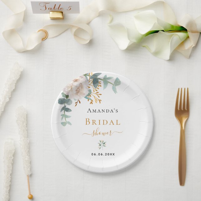 Bridal Shower white flower eucalyptus greenery Paper Plate (Wedding)