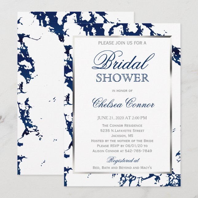 Bridal Shower - White, Navy Blue Marble & Silver Invitation (Front/Back)