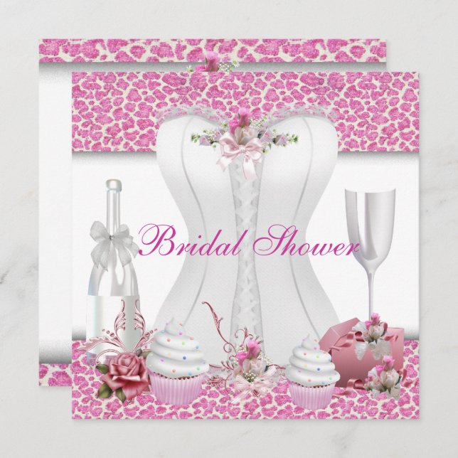 Bridal Shower White Pink Cupcakes Champagne Invitation (Front/Back)