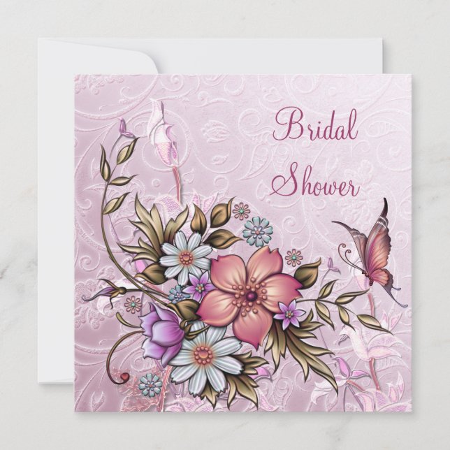Bridal Shower White Pink Flowers Butterfly Invitation (Front)