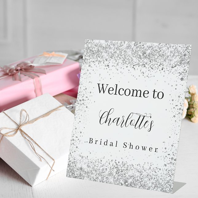 Bridal Shower white silver confetti script welcome Pedestal Sign (Creator Uploaded)