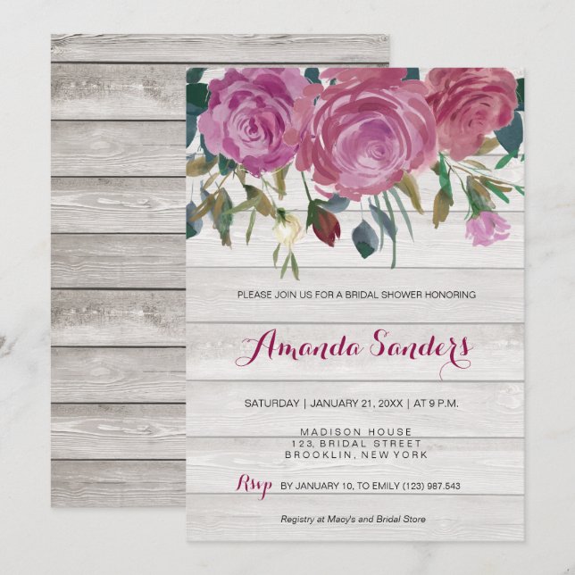 Bridal Shower white wood floral roses card (Front/Back)