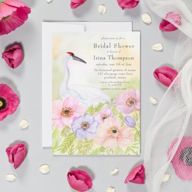 Bridal Shower Whooping Crane with Pastel Anemones  Invitation (Creator Uploaded)