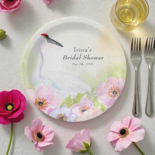 Bridal Shower Whooping Crane with Pastel Anemones  Paper Plate