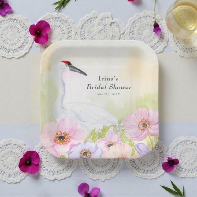 Bridal Shower Whooping Crane with Pastel Anemones  Paper Plate (Creator Uploaded)