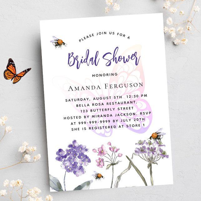 Bridal Shower wildflowers violet pink butterfly Invitation Postcard (Creator Uploaded)