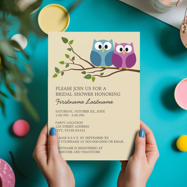 Bridal Shower with Owl Couple on Branch Invitation (Bridal Shower Invitation - Cute Cartoon Owls on a Branch - Great Couple's Shower Invite)