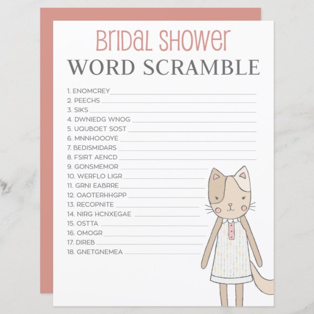 Bridal Shower Word Scramble Game Getting Meowied (Front/Back)
