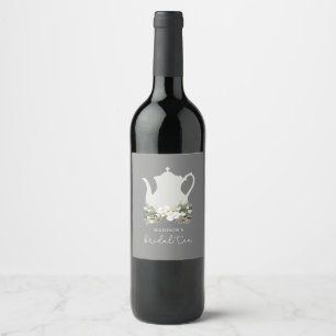 Bridal Tea Grey Watercolor Flowers Wine Label