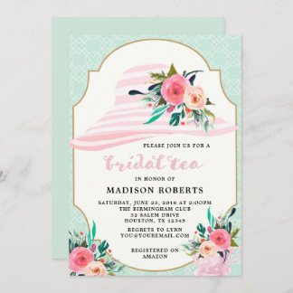Bridal Tea Hat Watercolor Flowers Invitation