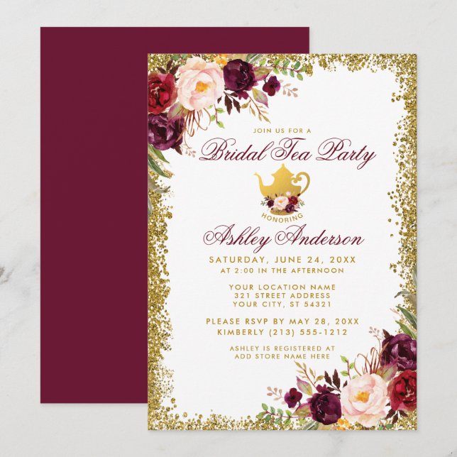 Bridal Tea Party Burgundy Gold Glitter Invite (Front/Back)