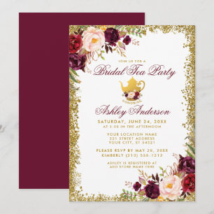 Bridal Tea Party Burgundy Gold Glitter Invite