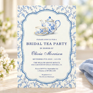 Bridal Tea Party Chinoiserie Blue Floral Shower  Invitation