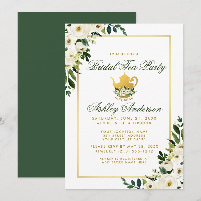 Bridal Tea Party Floral Green Gold Invitation GB (Devant / Derrière)