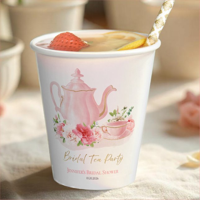 Bridal Tea Party | Gilded Pink Bridal Shower  Paper Cups (Creator Uploaded)