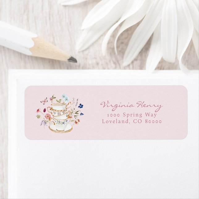 Bridal Tea Return Address label (Floral Pink Bridal Tea Return Address label by Painted Paperie)