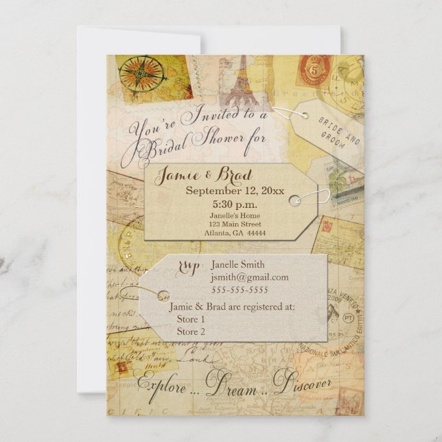 Bridal Travel Shower theme in cream and tan Invitation (Front)