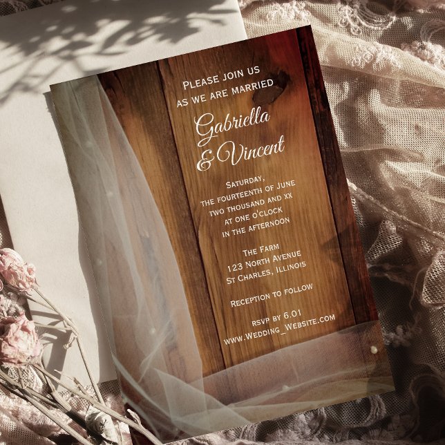 Bridal Veil Barn Wood Country Wedding Invitation (Invite guests to your rustic marriage ceremony with the Bridal Veil & Barn Wood Wedding Invitation.)