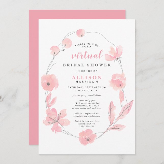 Bridal Virtual Shower | Pink Floral Watercolor Invitation (Front/Back)