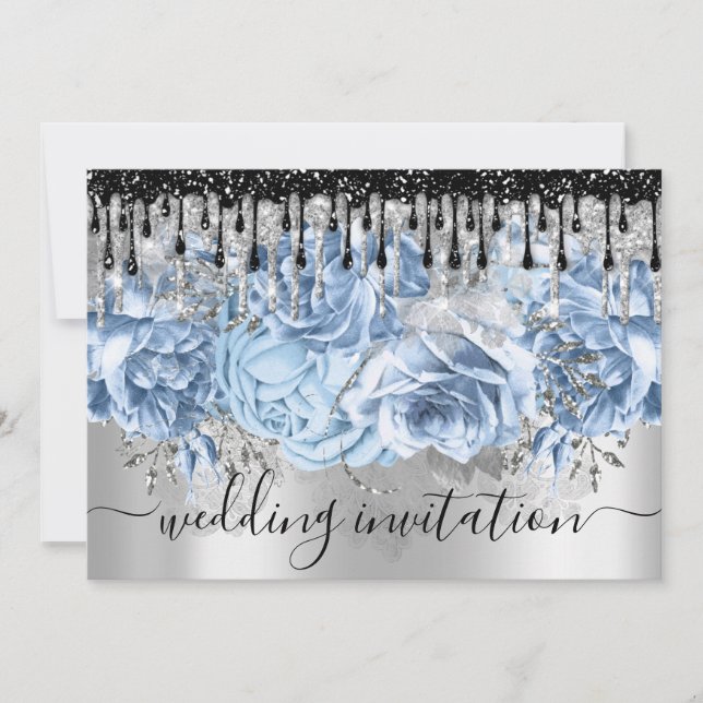 Bridal Wedding Glitter Drips Blue Silver Grey Invi Invitation (Front)