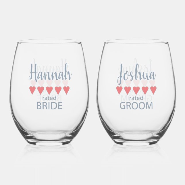 Bridal & Wedding Party 5 Heart Bride & Groom Stemless Wine Glass (Front)