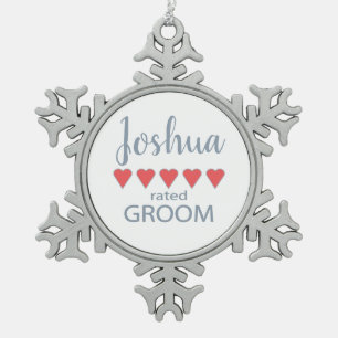 Bridal & Wedding Party 5 Heart Groom Snowflake Pewter Christmas Ornament