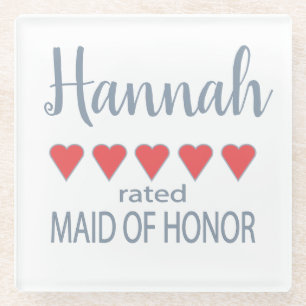 Bridal & Wedding Party 5 Heart Maid of Honour Glass Coaster