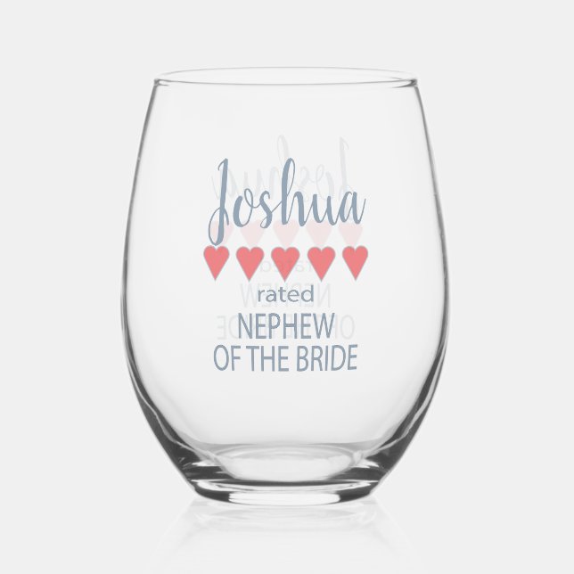 Bridal & Wedding Party 5 Heart Nephew of Bride Stemless Wine Glass (Front)