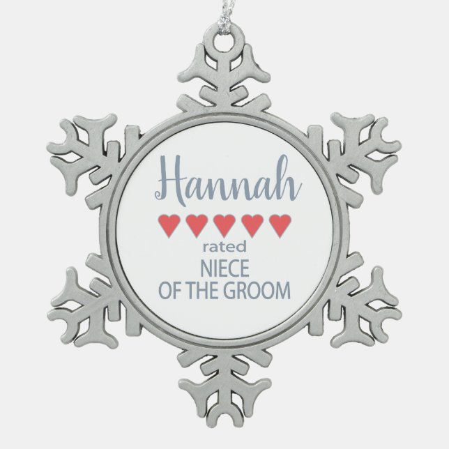 Bridal & Wedding Party 5 Heart Niece of Groom Snowflake Pewter Christmas Ornament (Front)
