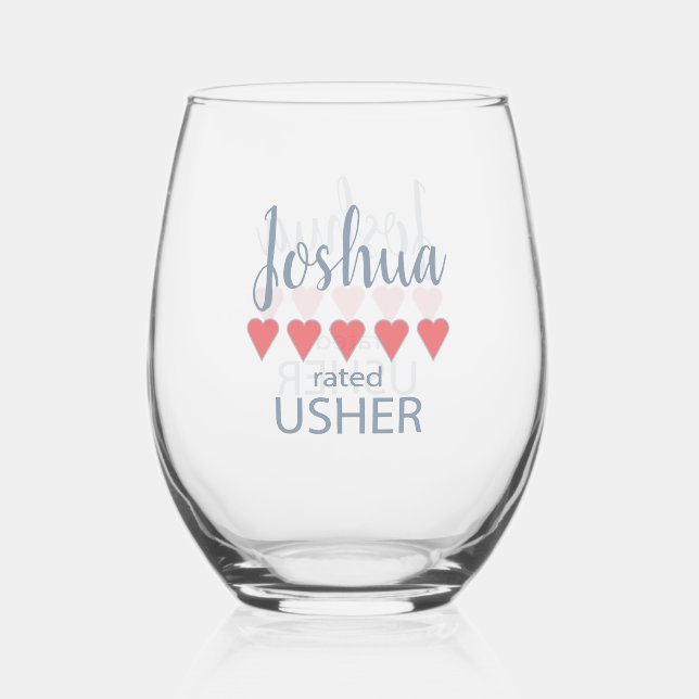 Bridal & Wedding Party 5 Heart Usher Stemless Wine Glass (Front)