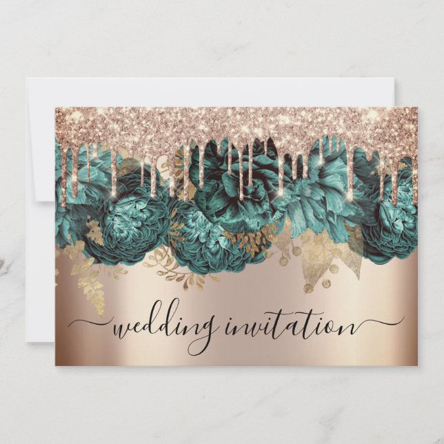 Bridal Wedding Rose Blue Teal Drips Flowers   Invitation (Front)