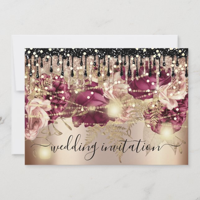 Bridal Wedding Rose Drip Pink Marsala Lights Gold Invitation (Front)