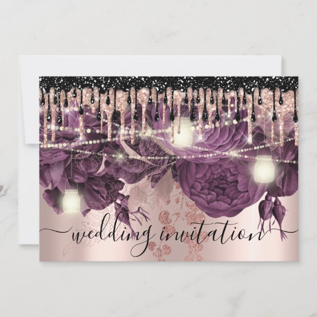 Bridal Wedding Rose Glitter Drips Purple Berry  Invitation (Front)