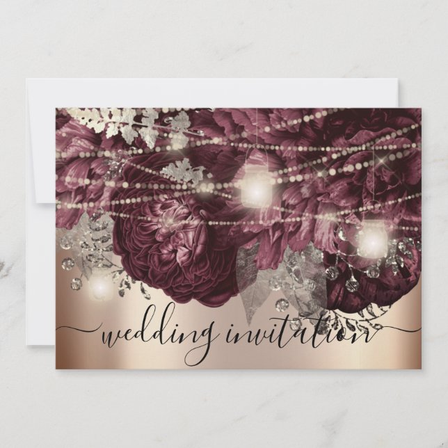 Bridal Wedding Rose Gold Burgundy Marsala Lights Invitation (Front)